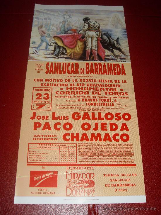 Stierkampf: CARTEL DE TOROS. PLAZA DE SANLUCAR. 1992. GALLOSO, PACO OJEDA, CHAMACO.