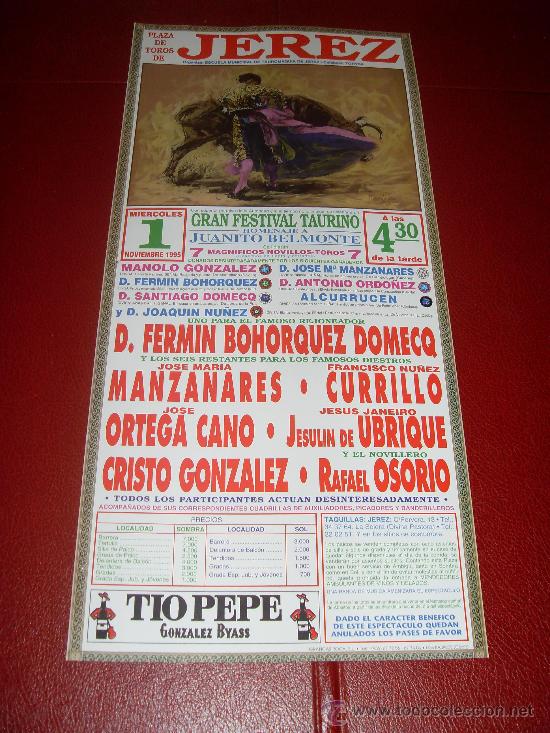 Stierkampf: CARTEL DE TOROS. PLAZA DE JEREZ. 1995. BOHORQUEZ DOMECQ, MANZANARES, CURRILLO, ORTEGA CANO...