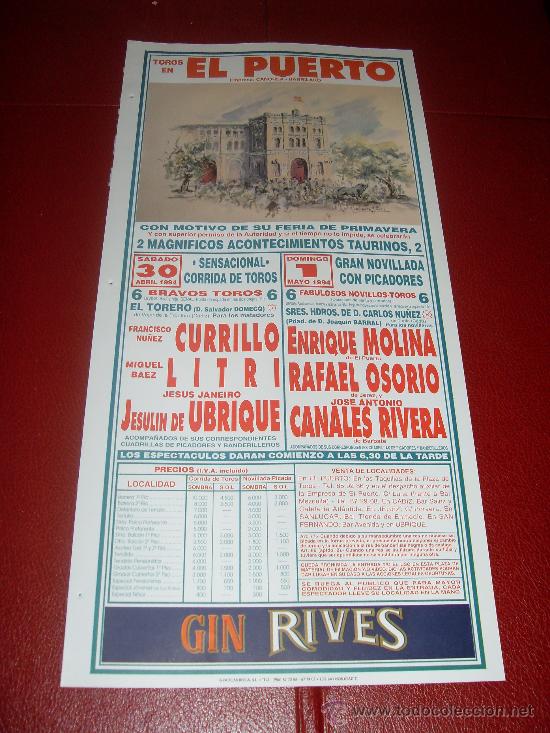 Stierkampf: CARTEL DE TOROS. PLAZA DE PUERTO REAL. 1994. CURRILLO, UBRIQUE, OSORIO, MOLINA, CANALES RIVERA...