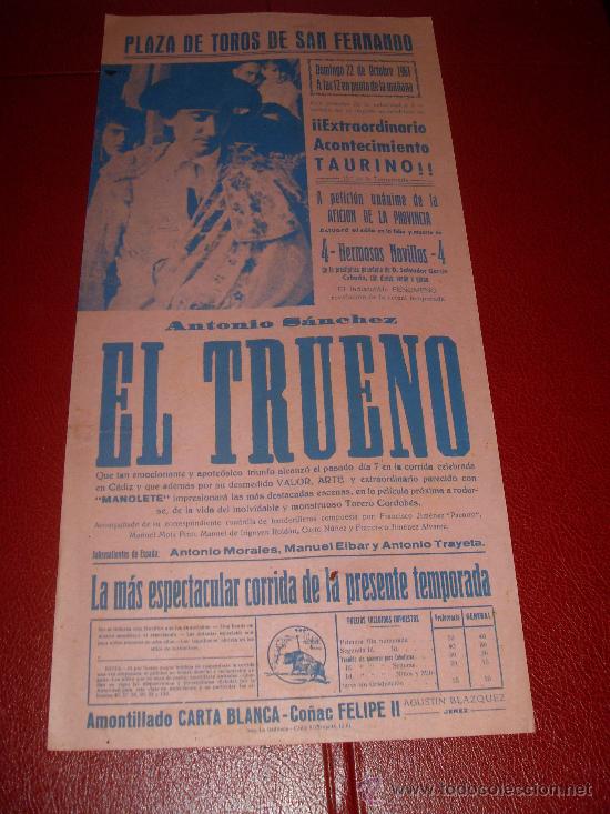 Tauromachia: CARTEL DE TOROS. SAN FERNANDO. 1961. ANTONIO SANCHEZ, EL TRUENO. GANADERIA D. SALVADOR GARCIA CEBADA