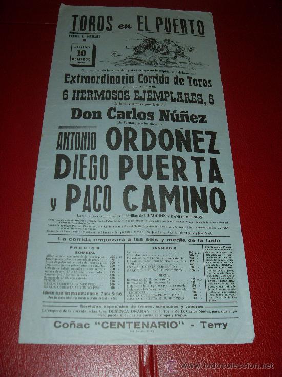 Tauromachie: CARTEL DE TOROS. EL PUERTO. 1960. ORDO&Ntilde;EZ, PUERTA, CAMINO. GANADERIA CARLOS NU&Ntilde;EZ.