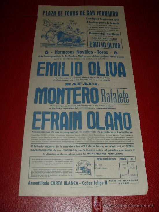 Tauromachie: CARTEL DE TOROS. SAN FERNANDO. 1961. OLIVA, MONTERO, OLANO. GANADERIA CARLOS NU&Ntilde;EZ.