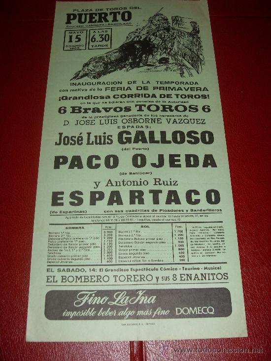 Stierkampf: CARTEL DE TOROS. EL PUERTO. 1983. GALLOSO, OJEDA, ESPARTACO. GANADERIA OSBORNE VAZQUEZ.