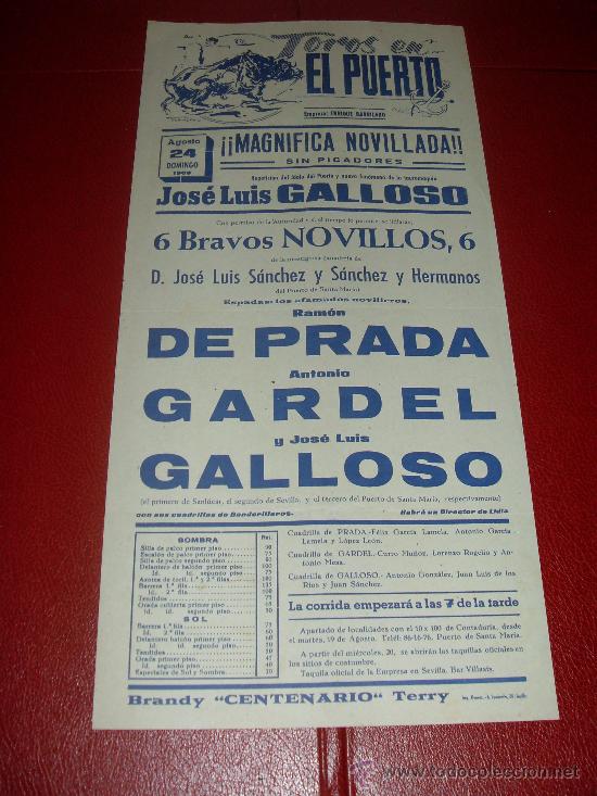 Stierkampf: CARTEL DE TOROS. EL PUERTO. 1969. DE PRADA, GARDEL, GALLOSO. GANADERIA SANCHEZ Y SANCHEZ HNOS.