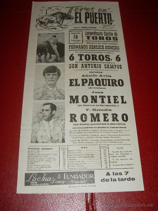 Stierkampf: CARTEL DE TOROS. EL PUERTO. 1975. EL PAQUIRO, MONTIEL, ROMERO. GANADERIA ANTONIO CAMPOS.