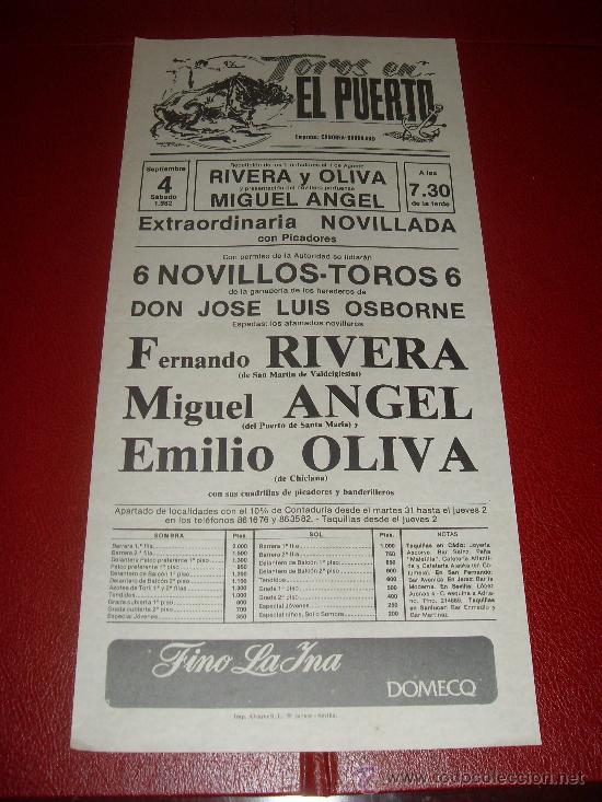 Stierkampf: CARTEL DE TOROS. EL PUERTO. 1982. RIVERA, MIGUEL ANGEL, OLIVA. GANADERIA OSBORNE.