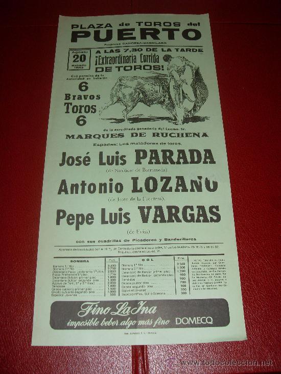 Stierkampf: CARTEL DE TOROS. EL PUERTO. 1983. PARADA, LOZANO, VARGAS. GANADERIA MARQUES DE RUCHENA.