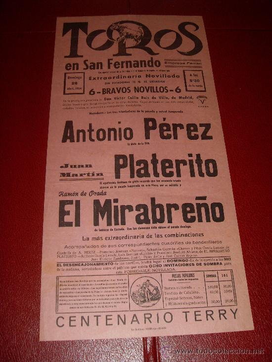 Stierkampf: CARTEL DE TOROS. SAN FERNANDO. 1964. PEREZ, PLATERITO, EL MIRABRE&Ntilde;O. GANADERIA COLLIN RUIZ DE VILLA.