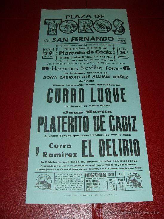 Stierkampf: CARTEL DE TOROS. SAN FERNANDO. 1975. LUQUE, PLATERITO CADIZ, DELIRIO. GANADERIA CARIDAD DES ALLIMES.