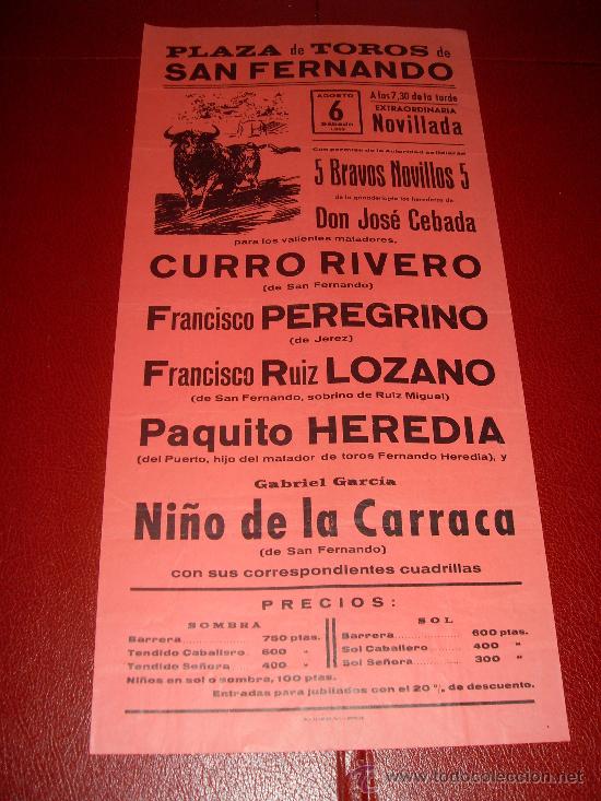 Stierkampf: CARTEL DE TOROS. SAN FERNANDO. 1983. CURRO RIVERO, PEREGRINO, LOZANO... GANADERIA JOSE CEBADA.