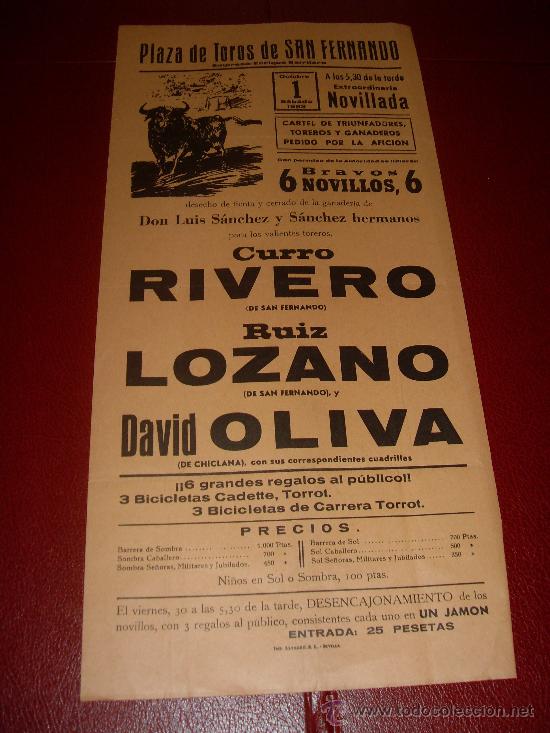 Stierkampf: CARTEL DE TOROS. SAN FERNANDO. 1983. RIVERO, LOZANO, OLIVA. GANADERIA SANCHEZ Y SANCHEZ HNOS.