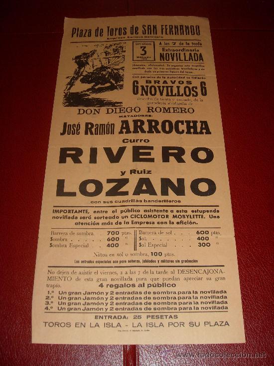 Stierkampf: CARTEL DE TOROS. SAN FERNANDO. 1983. RIVERO, LOZANO, ARROCHA. GANADERIA DIEGO ROMERO.