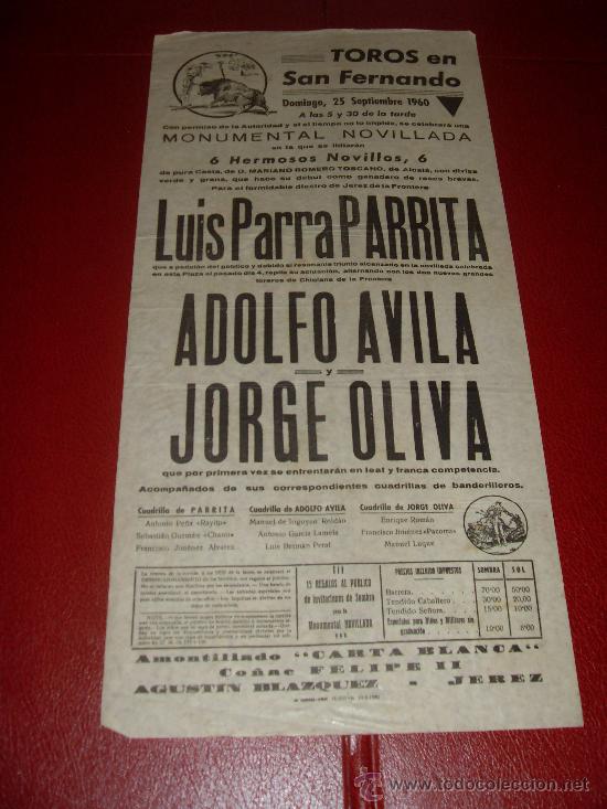 Stierkampf: CARTEL DE TOROS. SAN FERNANDO. 1960. PARRITA, AVILA, OLIVA. GANADERIA M. ROMERO TOSCANO.