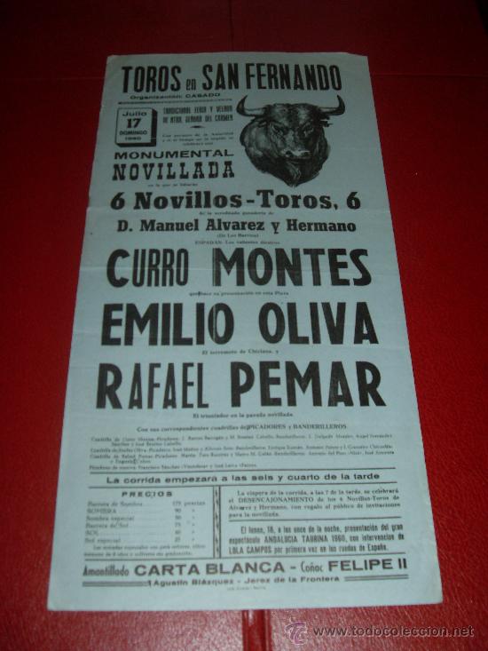Stierkampf: CARTEL DE TOROS. SAN FERNANDO. 1960. MONTES, OLIVA, PEMAR. GANADERIA MANUEL ALVAREZ Y HNO.