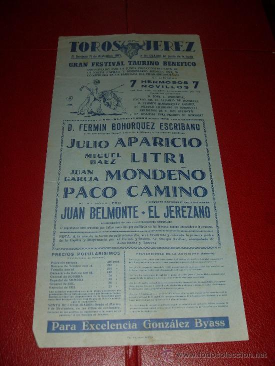 Stierkampf: CARTEL DE TOROS. JEREZ. 1962. APARICIO, LITRI, MONDE&Ntilde;O, CAMINO... GANADERIAS OSBORNE, DOMECQ...