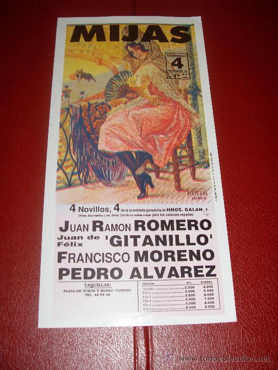 Stierkampf: CARTEL DE TOROS. MIJAS. 1990. ROMERO, GITANILLO, MORENO, ALVAREZ. GANADERIA HNOS. GALAN.