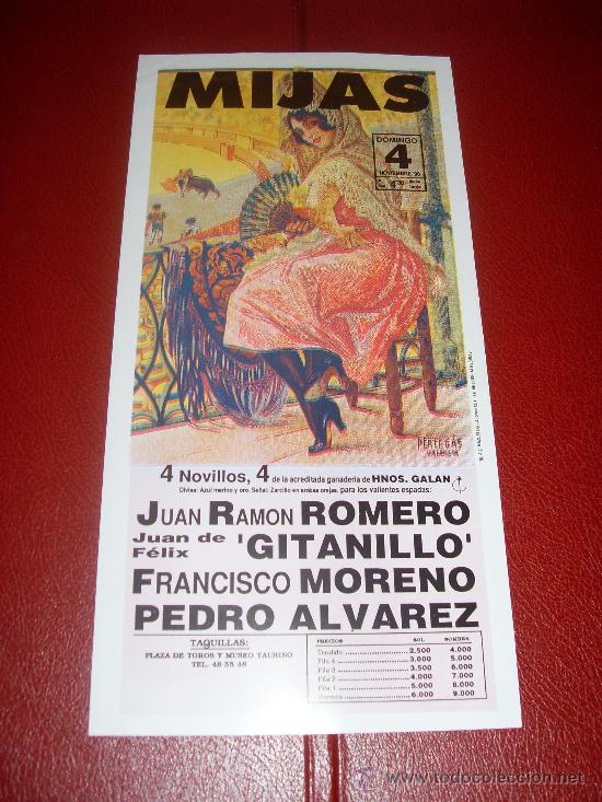 Stierkampf: CARTEL DE TOROS. MIJAS. 1990. ROMERO, GITANILLO, MORENO, ALVAREZ. GANADERIA HNOS. GALAN.