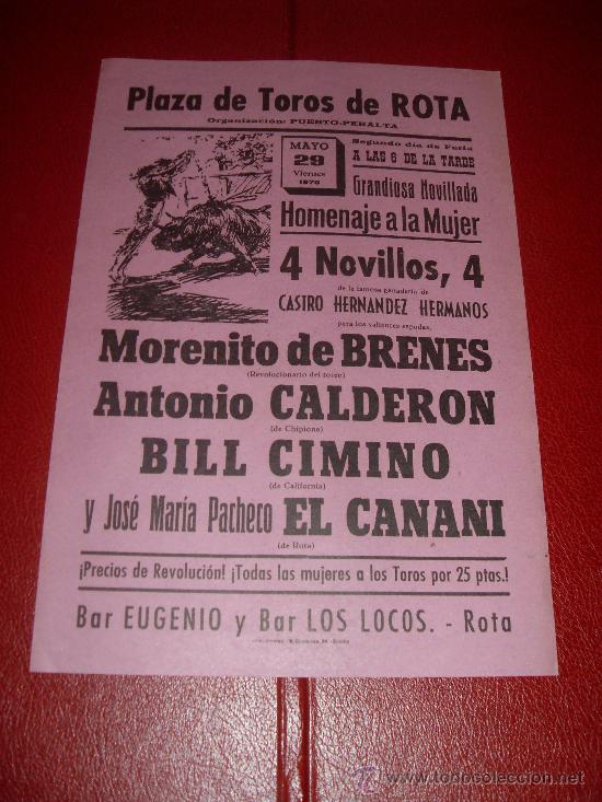 Stierkampf: CARTEL DE TOROS. ROTA. 1970. BRENES, CALDERON, CIMINO, CANANI. GANADERIA CASTRO HERNANDEZ HNOS.