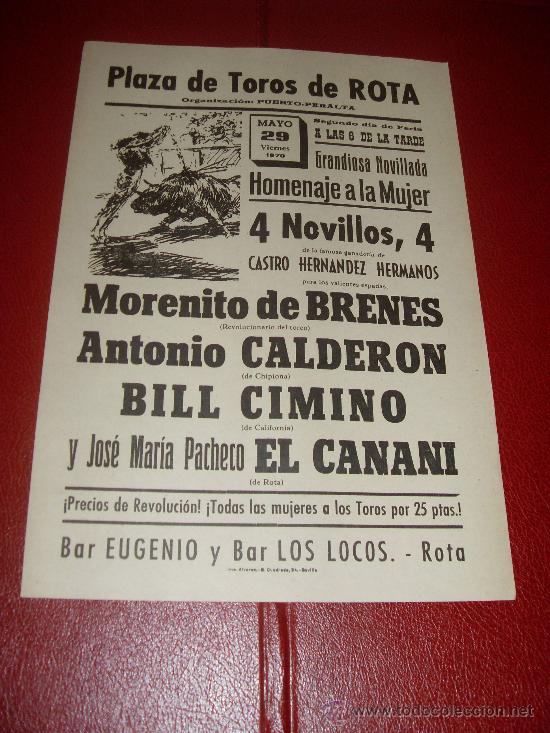 Stierkampf: CARTEL DE TOROS. ROTA. 1970. BRENES, CALDERON, CIMINO, CANANI. GANADERIA CASTRO HERNANDEZ HNOS.