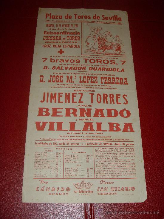 Stierkampf: CARTEL DE TOROS. 1960. SEVILLA. FERRERA, TORRES, BERNADO, VILLALBA. GANADERIA SALVADOR GUARDIOLA.