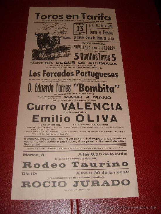 Stierkampf: CARTEL DE TOROS. TARIFA. 1981. BOMBITA, VALENCIA, OLIVA. GANADERIA DUQUE DE AHUMADA.