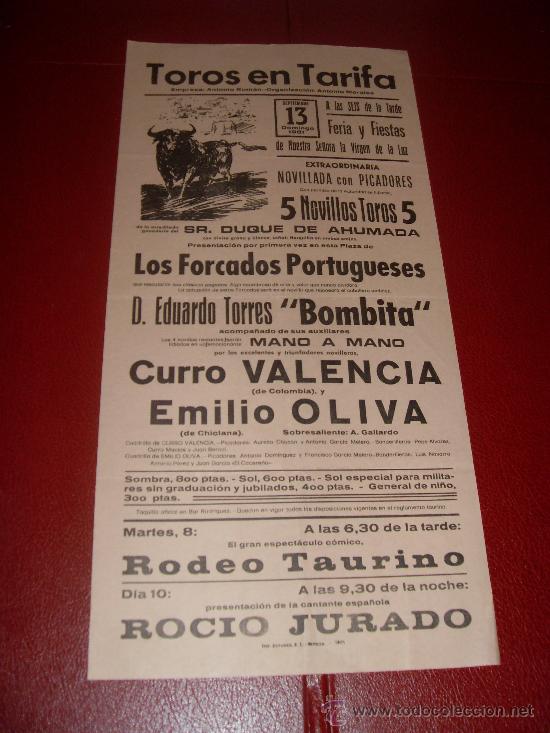 Stierkampf: CARTEL DE TOROS. TARIFA. 1981. BOMBITA, VALENCIA, OLIVA. GANADERIA DUQUE DE AHUMADA.