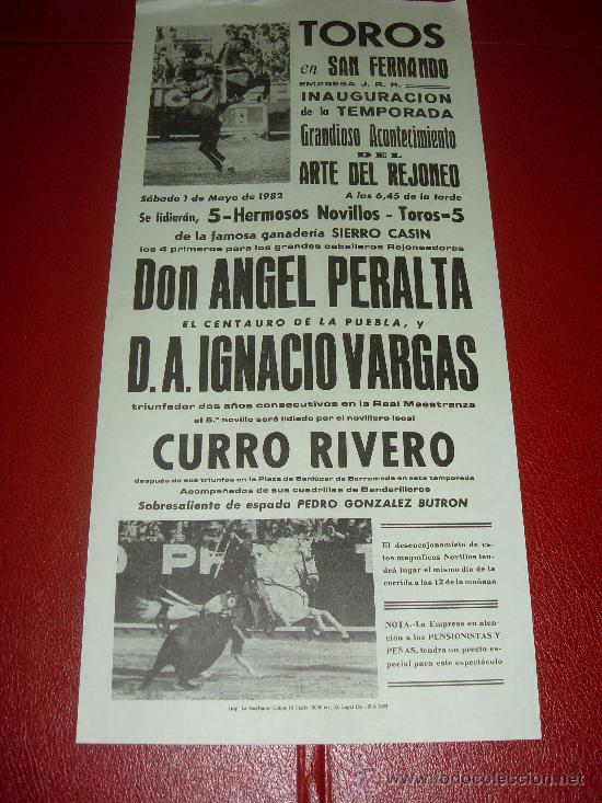 Stierkampf: CARTEL DE TOROS. SAN FERNANDO. 1982. PERALTA, VARGAS, RIVERO, BUTRON. GANADERIA SIERRO CASIN.