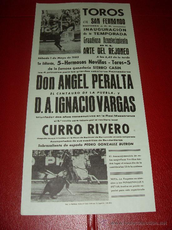 Stierkampf: CARTEL DE TOROS. SAN FERNANDO. 1982. PERALTA, VARGAS, RIVERO, BUTRON. GANADERIA SIERRO CASIN.