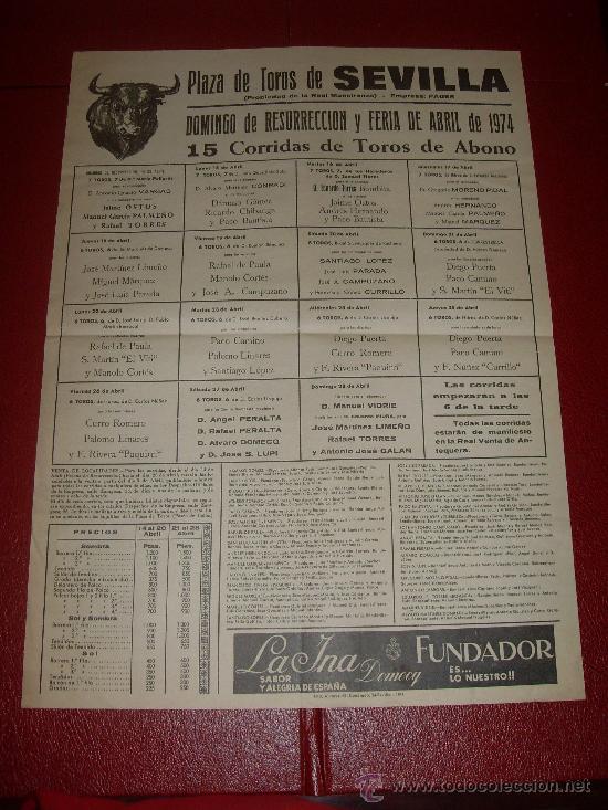Stierkampf: CARTEL DE TOROS. SEVILLA. 1974. OSTOS, VARGAS, PAULA, CORTES... GANADERIAS URQUIJO, DOMECQ, NU&Ntilde;EZ...