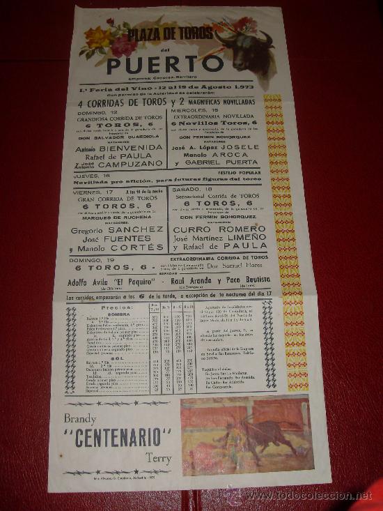 Stierkampf: CARTEL DE TOROS. EL PUERTO. 1973. BIENVENIDA, PAULA, CAMPUZANO... GANADERIAS GUARDIOLA, BOHORQUEZ...