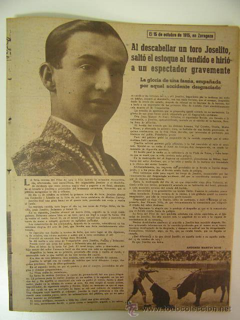 Tauromaquia: hoja noticia de 1946, joselito en zaragoza en 1915 incidente con el estoque , ref rob bols3 1