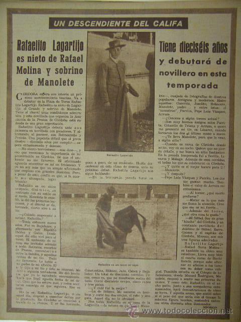 Tauromaquia: hoja noticia, rafaelito lagartijo sobrino de manolete antes de debutar,1946,ref rob
