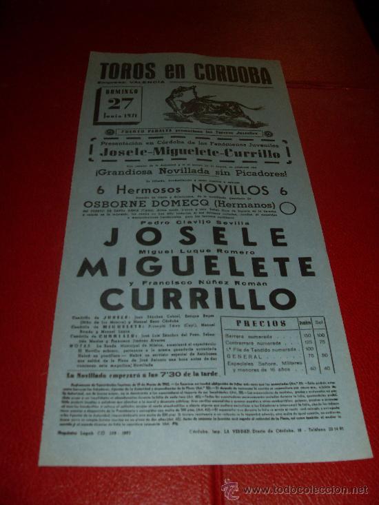 Stierkampf: CARTEL DE TOROS. PLAZA DE CORDOBA. JUNIO 1971. JOSELE, MIGUELETE, CURRILLO