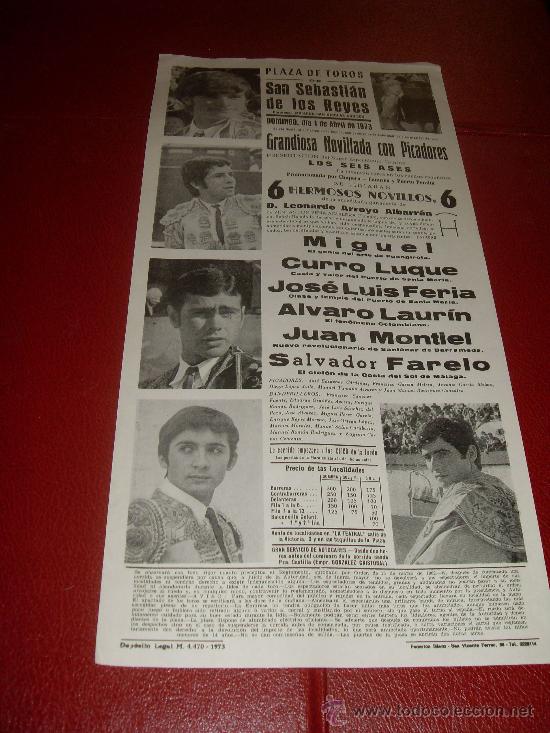 Stierkampf: CARTEL DE TOROS. PLAZA SAN SEBASTIAN DE LOS REYES. ABRIL 1973. CURRO LUQUE, JOSE LUIS FERIA, LAURIN