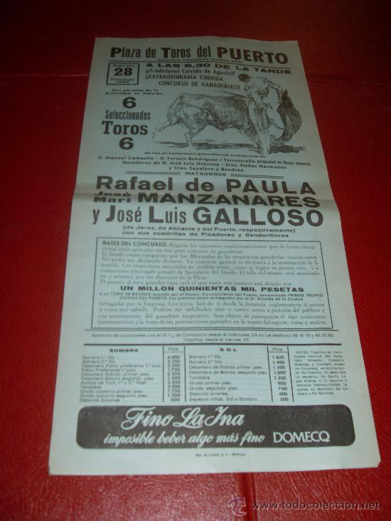 Stierkampf: CARTEL DE TOROS. PLAZA DEL PUERTO. AGOSTO 1983. RAFAEL DE PAULA, MANZANARES, GALLOSO