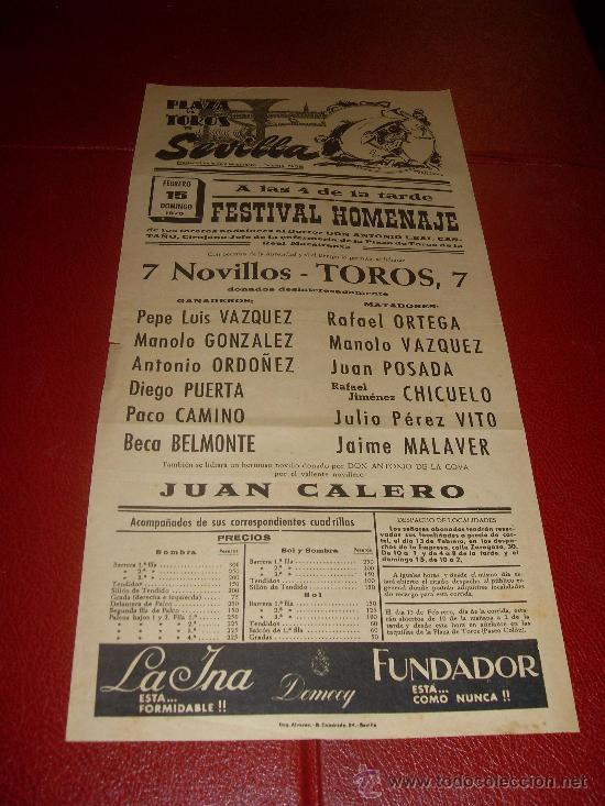 Stierkampf: CARTEL DE TOROS. PLAZA DE SEVILLA. FEBRERO 1970. RAFAEL ORTEGA, POSADA, CHICUELO, VITO, MALAVER