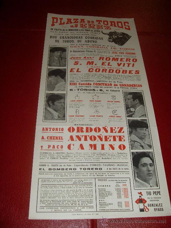 Stierkampf: CARTEL DE TOROS. PLAZA DE JEREZ. FERIA 1967. JUAN ANTONIO ROMERO, EL VITI, EL CORDOBES