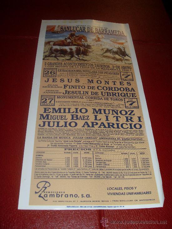 Stierkampf: CARTEL DE TOROS. PLAZA DE SANLUCAR DE BARRAMEDA. MAYO 1990. JESUS MONTES, FINITO DE CORDOBA, JESULIN