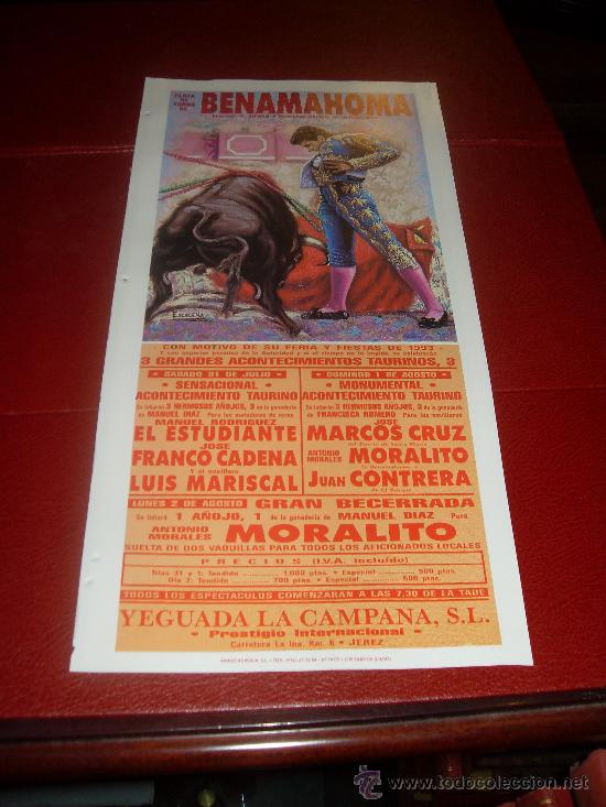 Tauromaquia: CARTEL DE TOROS, PLAZA DE BENAMAHOMA. FERIA 1993. EL ESTUDIANTE, FRANCO CADENA, LUIS MARISCAL