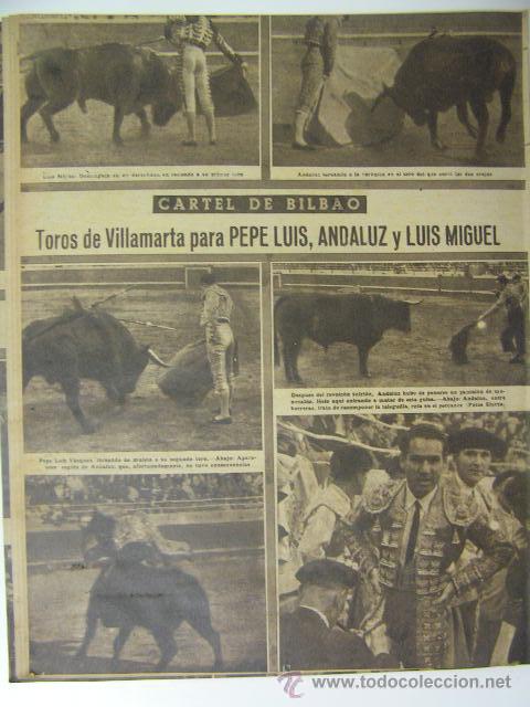 Tauromaquia: hoja noticia bilbao, pepe luis, andaluz, luis miguel dominguin,toros villamarta,junio 1946,ref rob