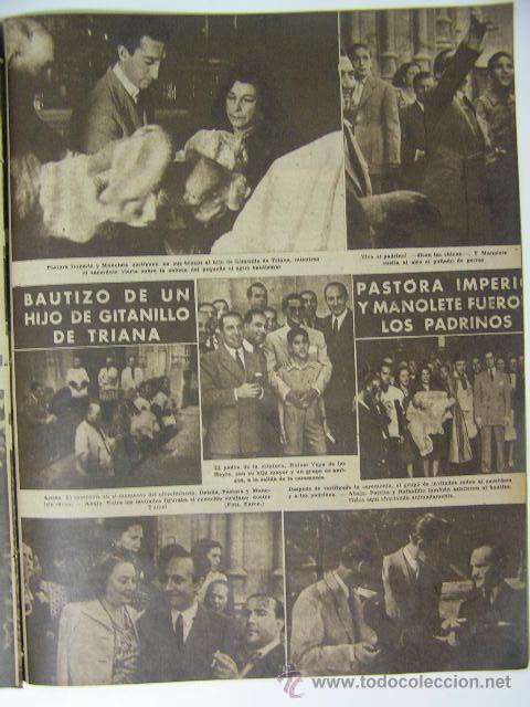 Tauromaquia: hoja noticia bautizo hijo de gitanillo de triana,manolete,pastora imperio,junio 1946,ref rob