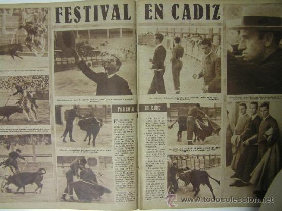 Tauromaquia: reportaje 2 hojas festival en cadiz,rejones duque pinohermoso,belmonte,domingui,febrero 1946,ref rob