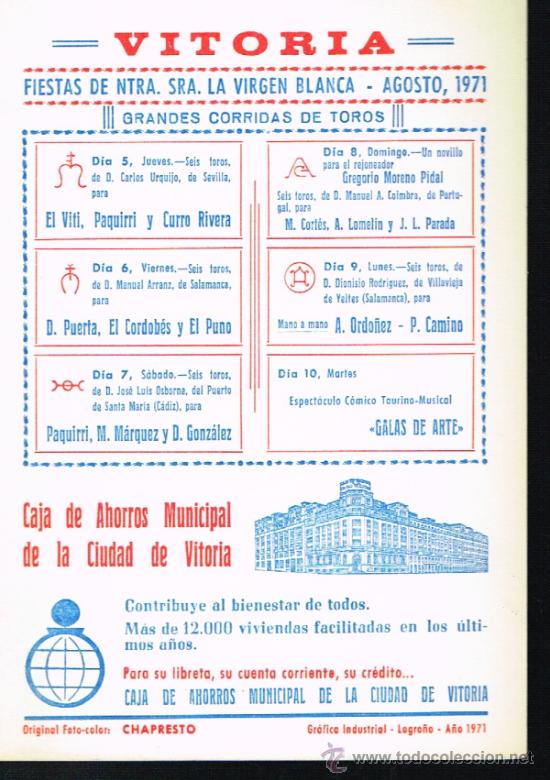 Stierkampf: 11 postales de toreros. Fiestas de Ntra. Sra. la Virgen Blanca. Vitoria. Agosto 1971
