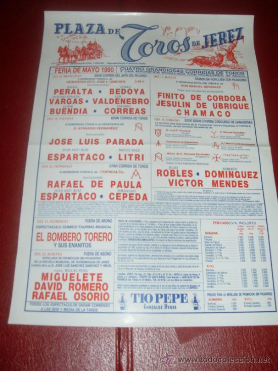 Tauromachie: CARTEL DE TOROS. PLAZA JEREZ. 1990. PERALTA, CORREAS, LITRI... GANADERIAS OSBORNE, SEPULVEDA...
