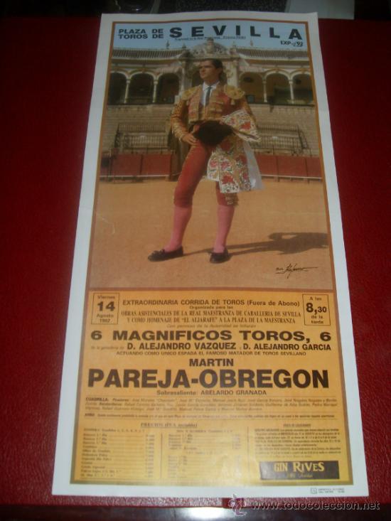 Tauromachie: CARTEL DE TOROS. PLAZA SEVILLA. 1997. MARTIN PAREJA OBREGON. GANADERIA ALEJANDRO VAZQUEZ Y GARCIA.
