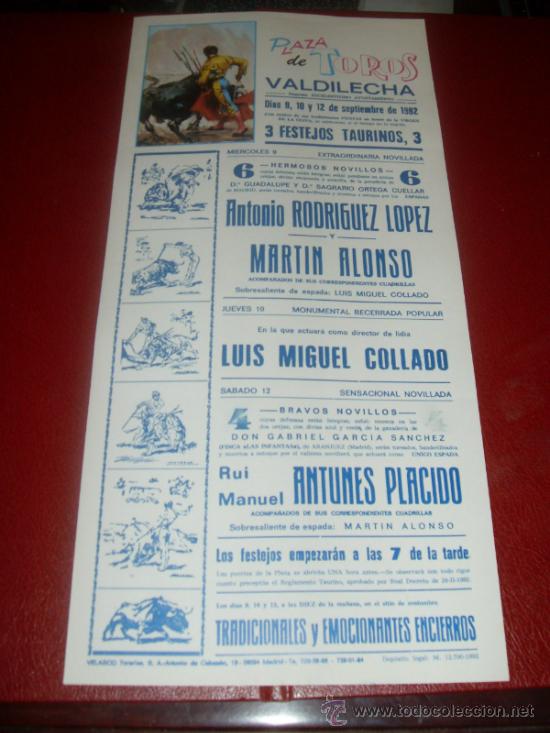 Tauromachie: CARTEL DE TOROS. PLAZA VALDILECHA. 1992. MARTIN ALONSO, COLLADO... GANADERIA CUELLAR, GARCIA SANCHEZ