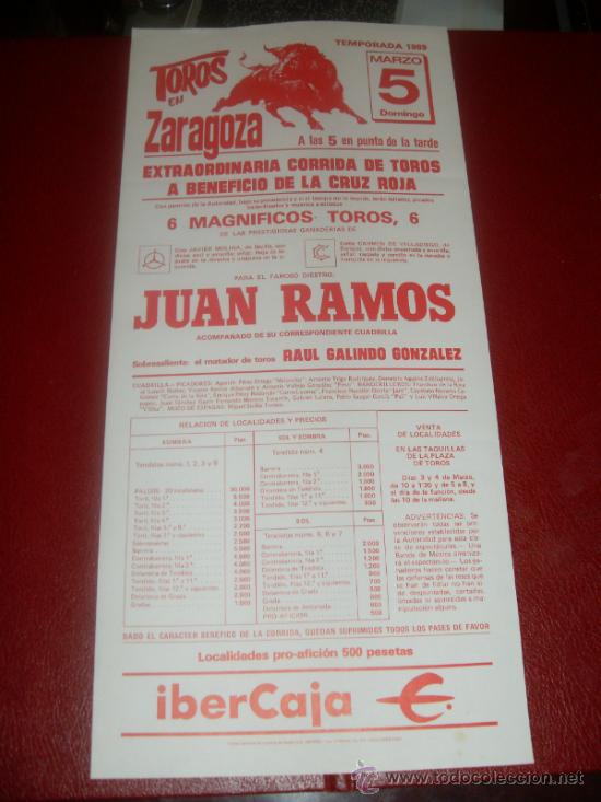 Tauromachia: CARTEL DE TOROS. PLAZA ZARAGOZA. 1989. JUAN RAMOS. GANADERIAS JAVIER MOLINA, VILLADIEGO.