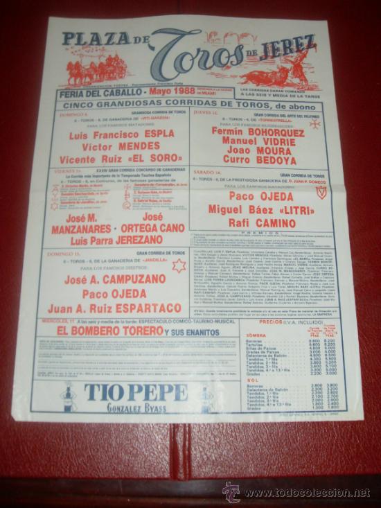 Tauromachie: CARTEL DE TOROS. PLAZA JEREZ. 1988. ESPLA, MENDES, OJEDA... GANADERIAS TORRESTRELLA, DOMECQ...