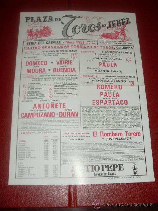 Tauromachie: CARTEL DE TOROS. PLAZA JEREZ. 1985. MOURA, DOMECQ, PAULA... GANADERIAS ROJAS FERNANDEZ, JANDILLA...