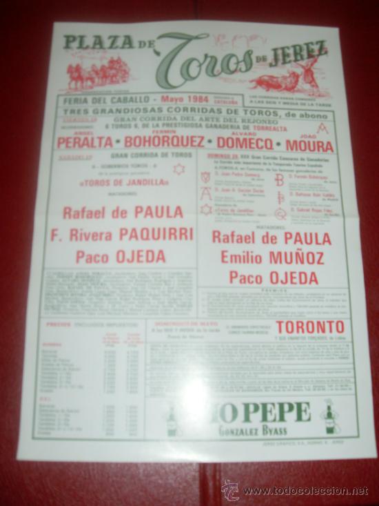 Tauromachie: CARTEL DE TOROS. PLAZA JEREZ. 1984. MOURA, PAULA, PAQUIRRI.. GANADERIAS JANDILLAM TORREALTA, DOMECQ.